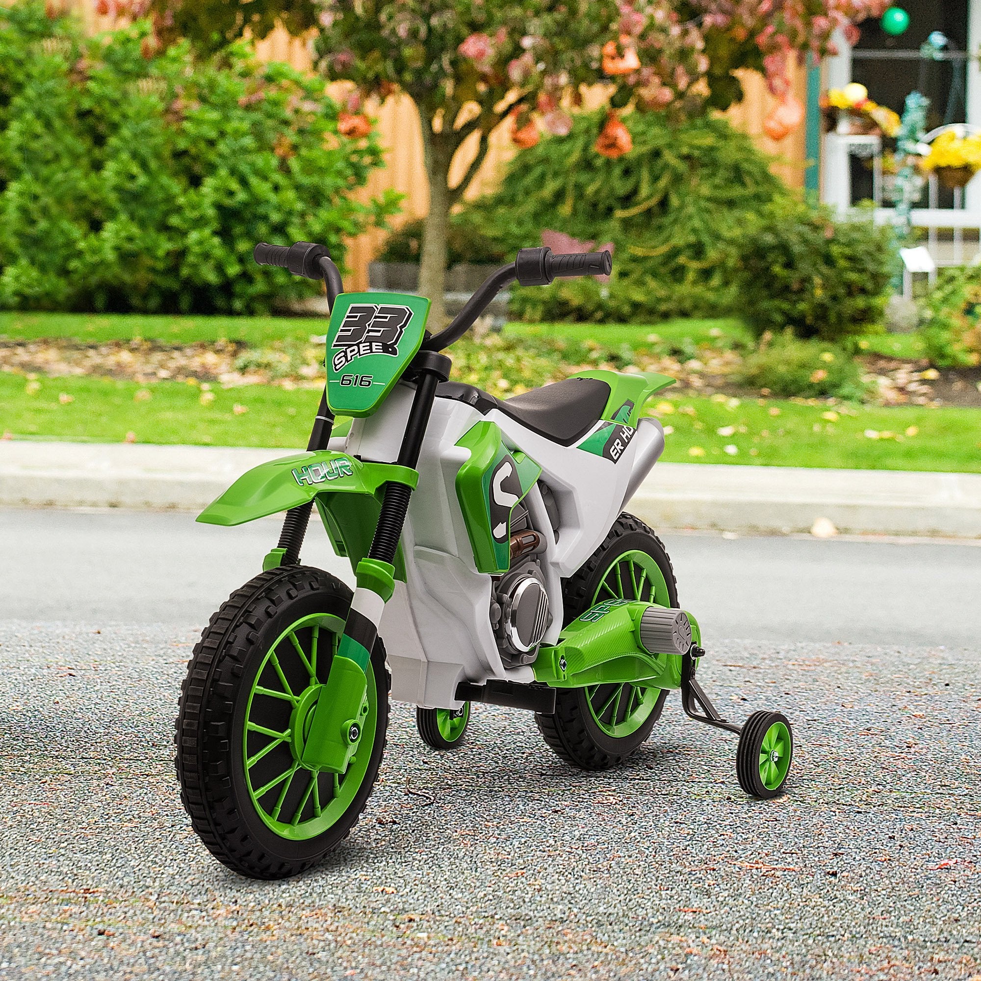 Aosom Kids Dirt Bike Battery-Powered Ride-On Electric Motorcycle with Charging 12V Battery, Training Wheels Green 