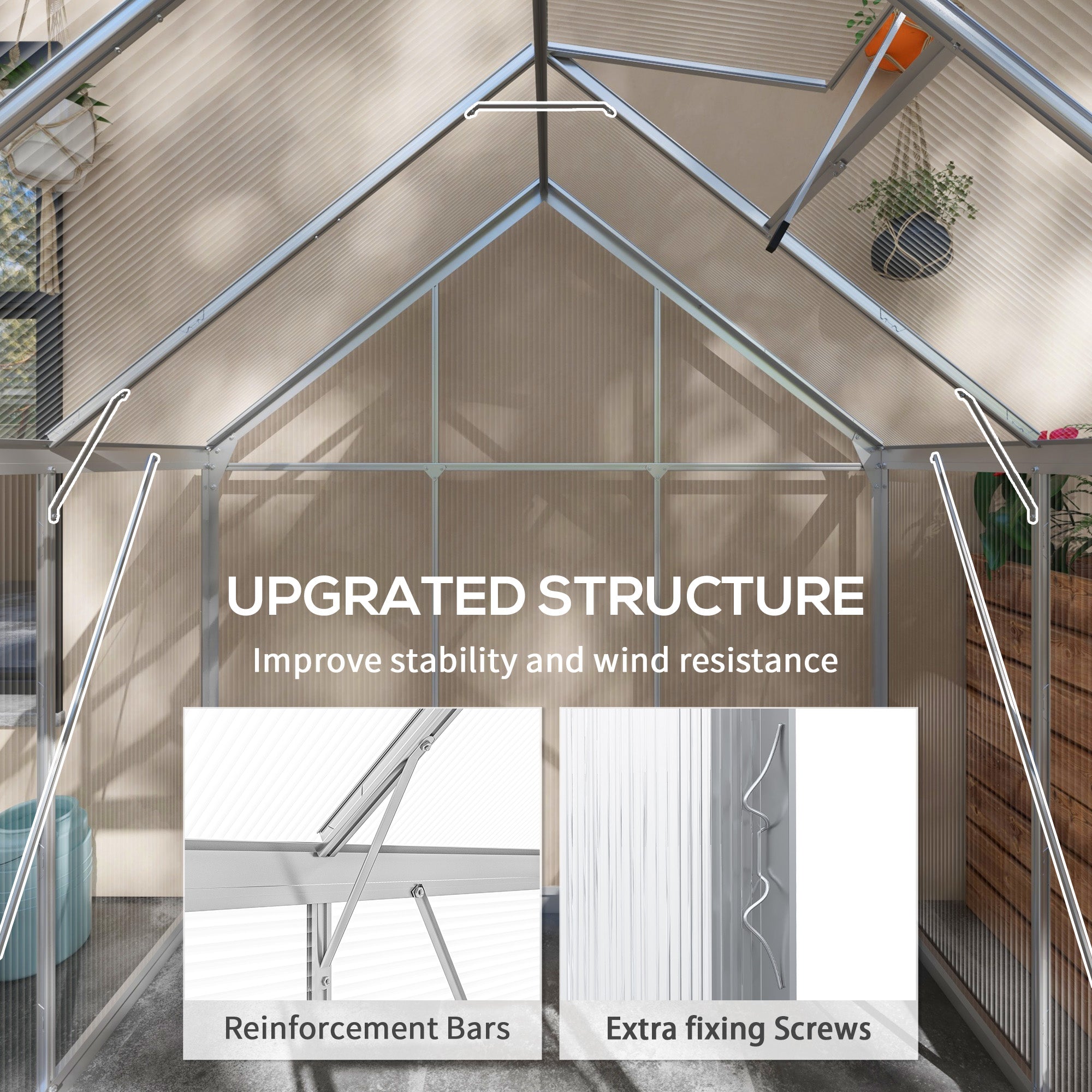 Outsunny Walk-In Greenhouse 6' x 6' Polycarbonate Aluminium Frame Sliding Door Window Foundation Silver 