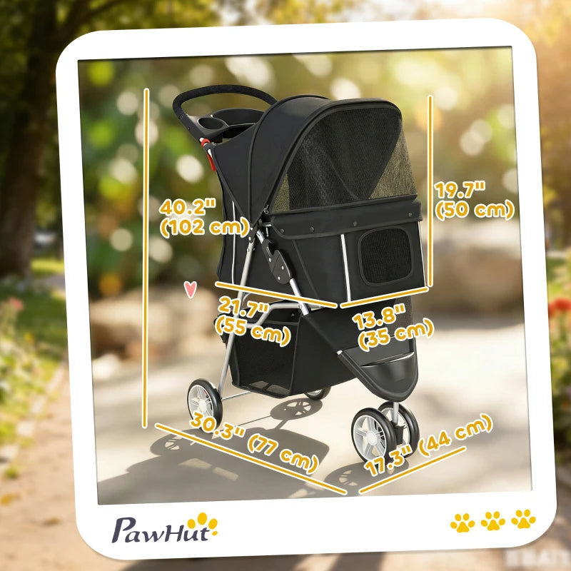3 Wheels Foldable Dog Stroller with Storage Basket, Adjustable Canopy, Cupholder for Miniature and Small Dogs, Black