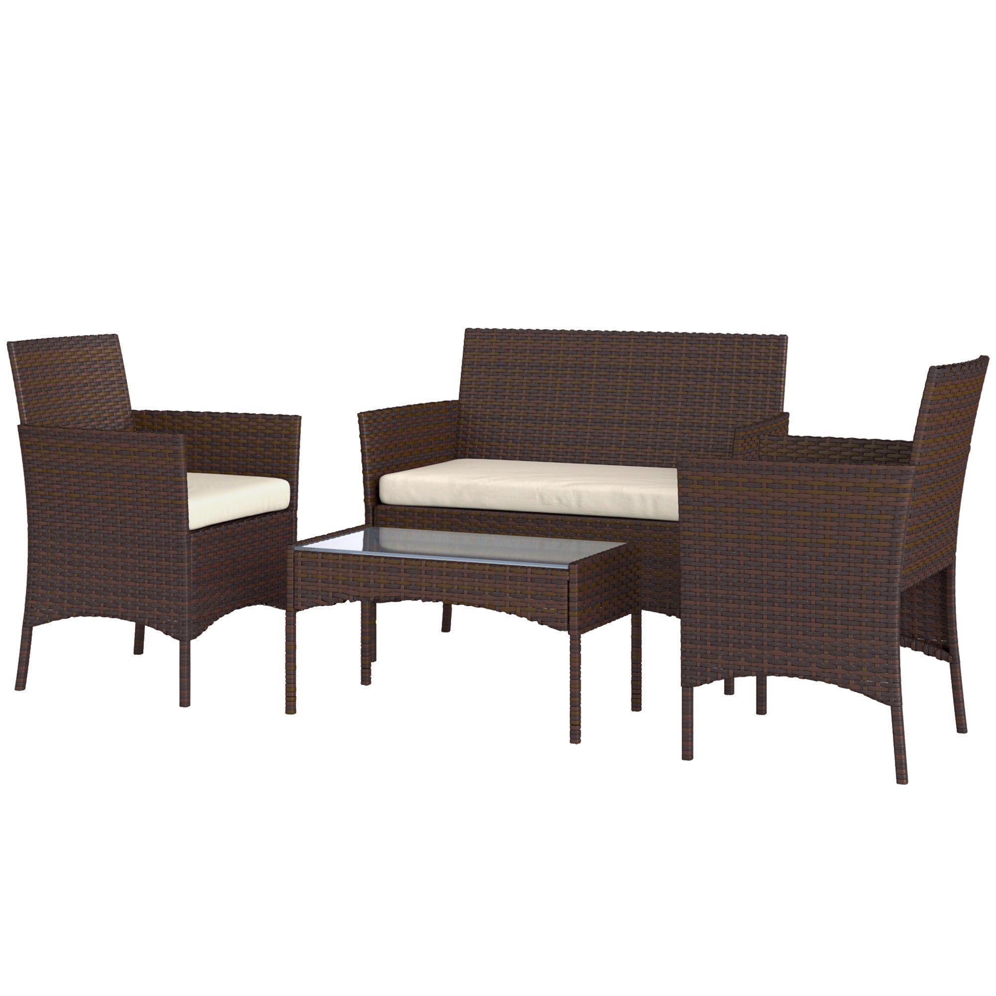 Outsunny 4 Pieces Wicker Outdoor Balcony Furniture Set Rattan Patio Furniture Set with Loveseat Chairs Glass Coffee Table Beige 