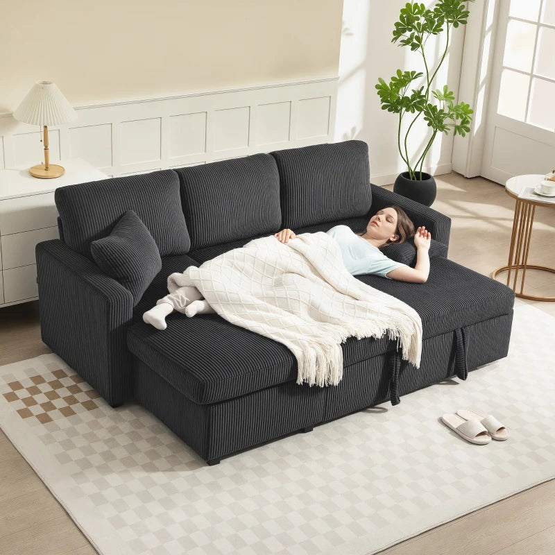 81" Sofa Bed, 2 In 1 Pull Out Sleeper Sofa Bed with Storage, Corduroy Convertible Couch for Living Room, Dark Grey