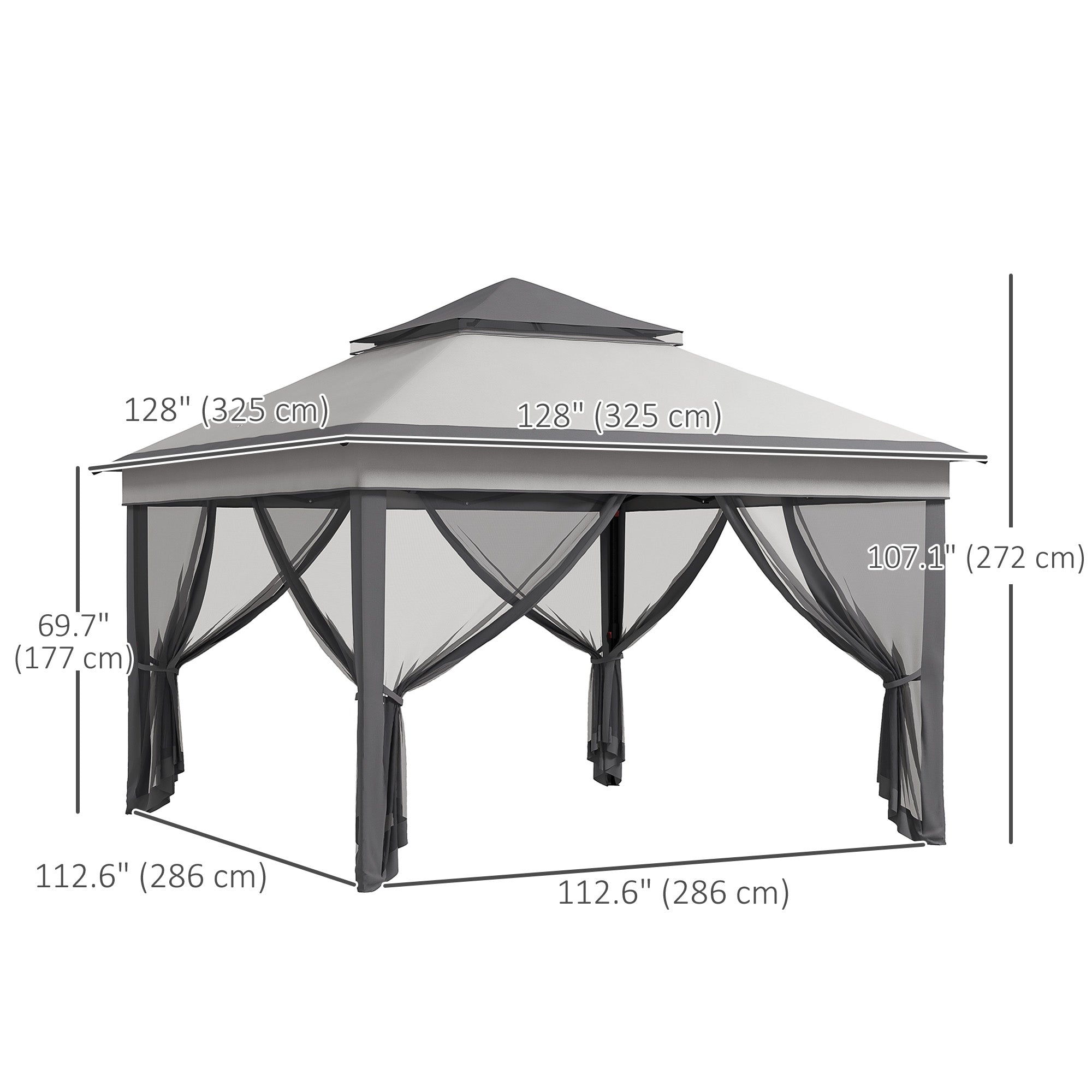Outsunny 10.7 x 10.7ft Pop Up Gazebo, Adjustable Instant Sun Shelter with UV30+ Roof Cover, Removable Mesh Curtains, Light Grey 