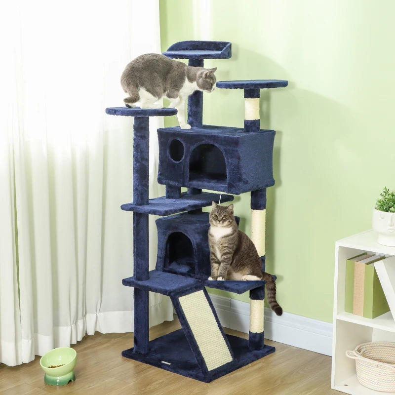 54" Cat Tree, Multi-Level Cat Tower with Scratching Posts, Cat Condos, Bed, Platforms, Ramp, Toy Ball, Dark Blue