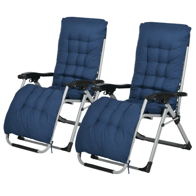 Outsunny Garden Chairs Set of 2 Reclining Zero Gravity Sun Lounger with Cushion Blue Comfort 