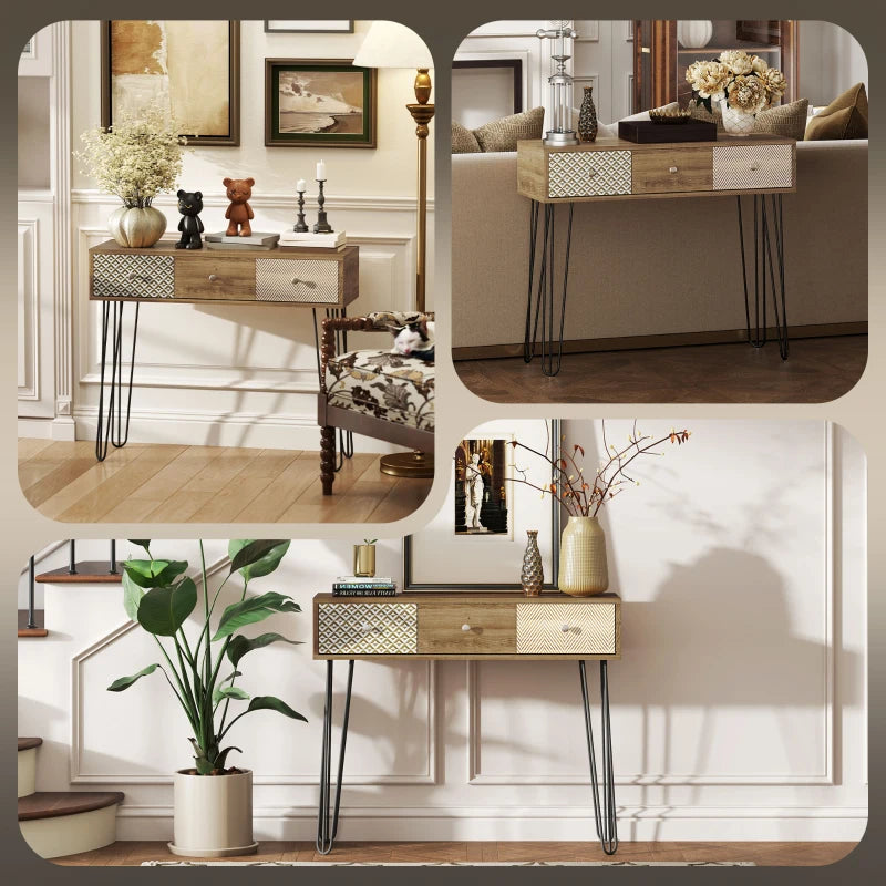 Narrow Console Table with Drawers, 35" Entryway Table with Hairpin Legs for Hallway, Foyer, Living Room, Brown