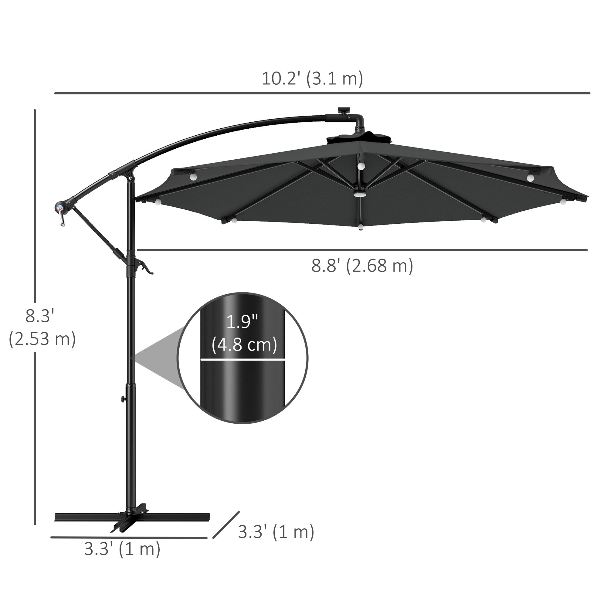 Outsunny 8.8FT Cantilever Patio Umbrella with Solar Powered LED Lights, Crank Handle, Cross Base for Outdoor Sun Shade, Grey 