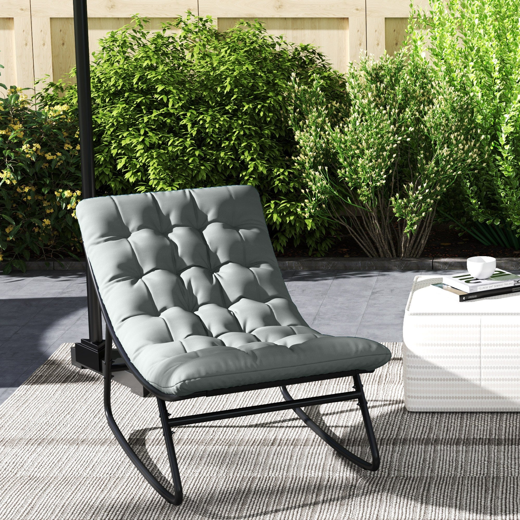 Outsunny Outdoor Patio Rocking Chair with Cushion, Steel Frame Balcony Chair with Mesh Deep Seat for Porch, Garden, Grey 