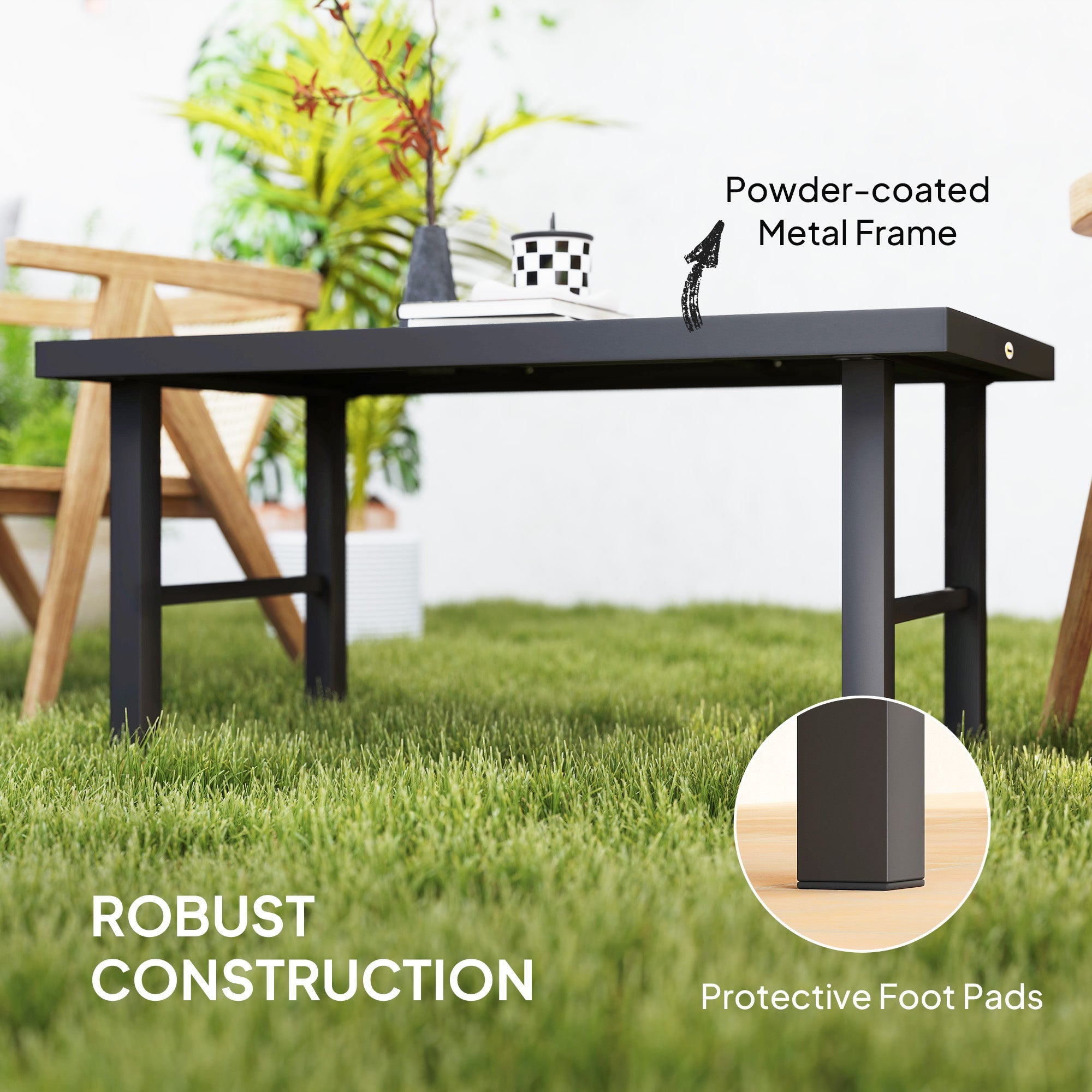 Outsunny Outdoor Side Table with SPC Woodgrain Tabletop, Metal Patio Coffee Table for Outside Garden, Distressed Grey 