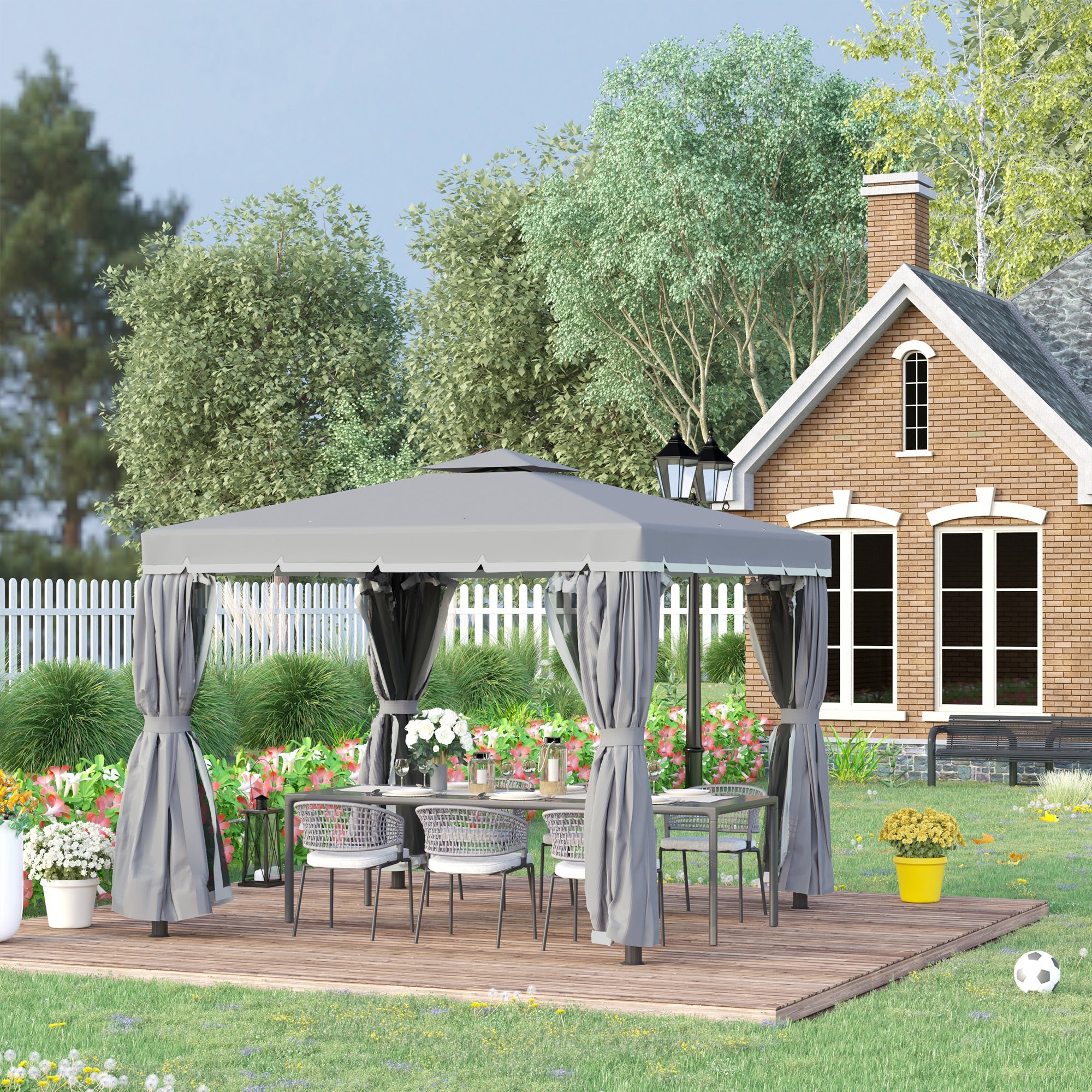 Outsunny 10' x 10' 2-Tier Outdoor Gazebo Canopy Tent with Zippered Mesh Sidewalls, Aluminum Frame for Patio, Backyard, Dark Grey 
