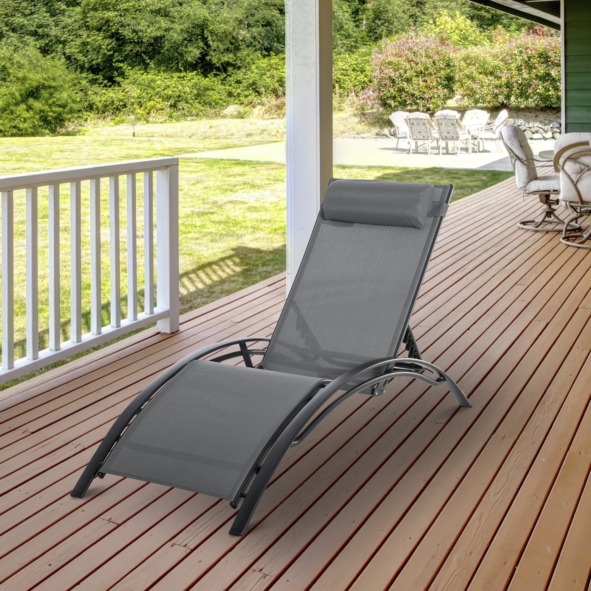 Outsunny Patio Reclining Outdoor Lounge Chair, Outdoor Aluminum Tanning Chair with 5-Level Adjustable Backrest & Head Pillow, Grey 