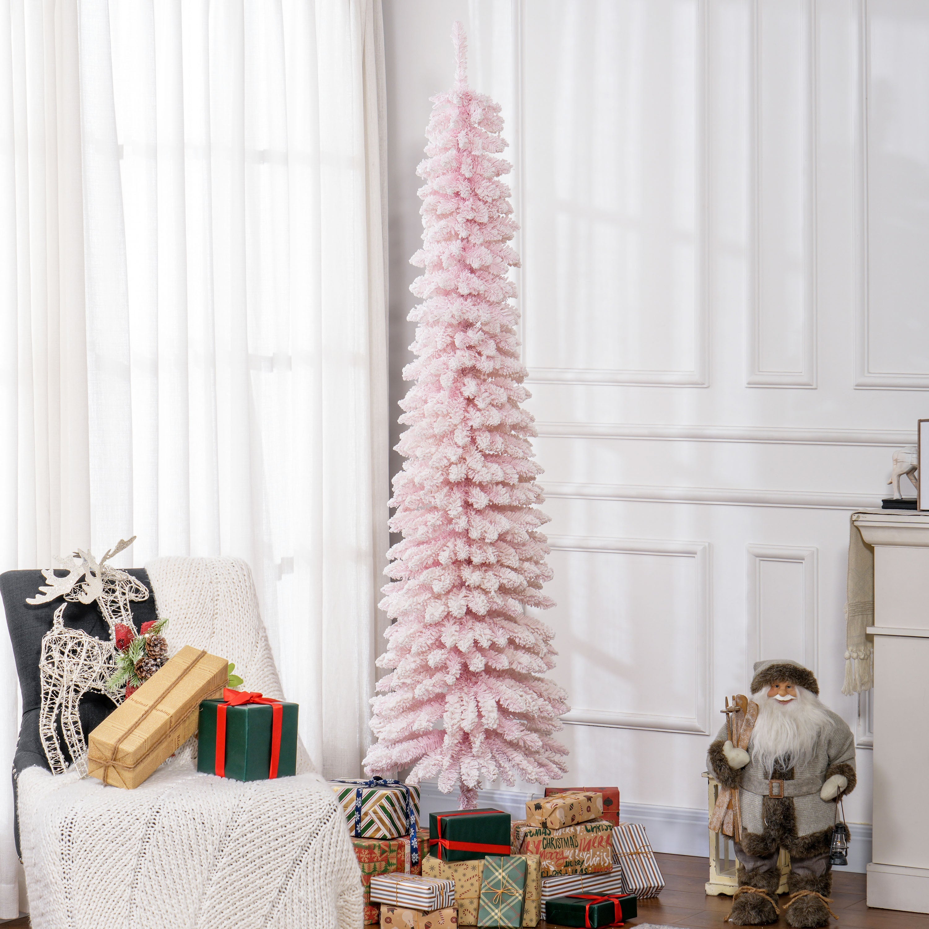 HOMCOM 7ft Snow-Flocked Artificial Christmas Tree, Slim Pencil Xmas Tree with 490 Realistic Branches, Metal Base, Pink 
