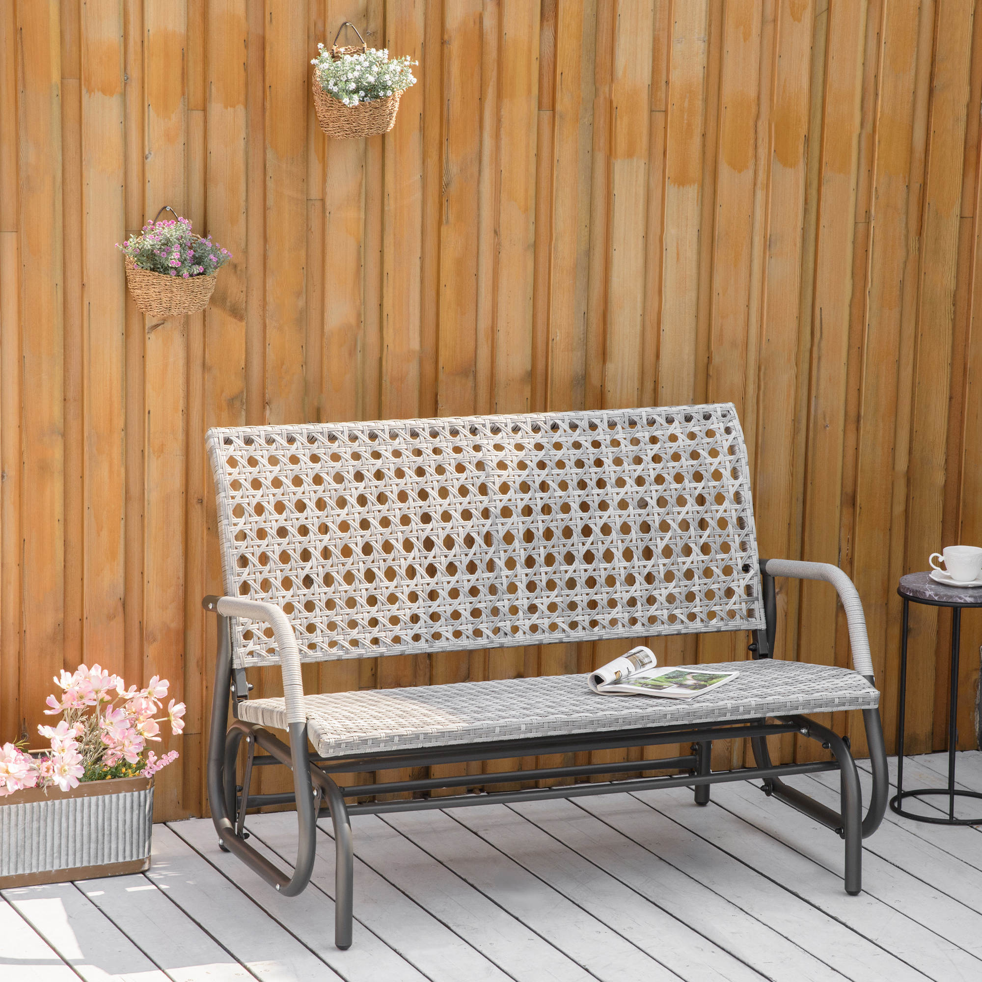Outsunny 2-Person Outdoor PE Rattan Swing Glider Chair, Patio Garden Loveseat Rocking Bench, w/ Extra Wide Seat & Curved Backrest 