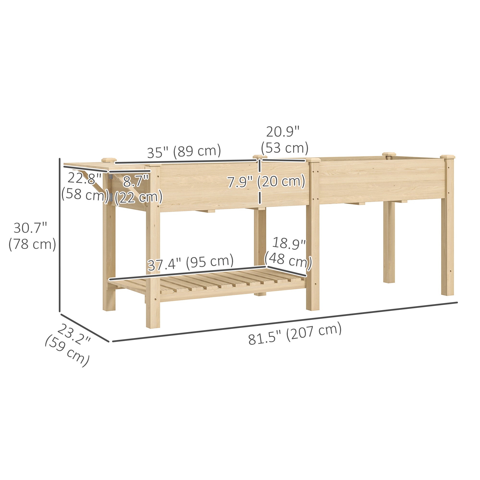 Outsunny Raised Garden Bed, Wood Planter Box with Side Table, Bottom Shelf, Bed Liners and Drainage Holes, Natural 