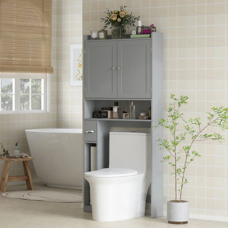 Modern Over the Toilet Storage Cabinet with 2 Doors, Above Commode Storage Cabinet with Toilet Paper Holder, Grey