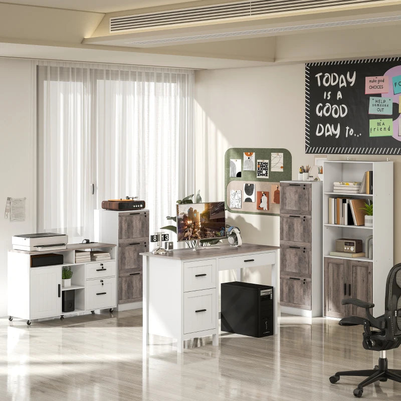 Computer Desk with 3 Drawers, Farmhouse Home Office Desk with File Drawer and Wood Grain Top for Small Spaces, White