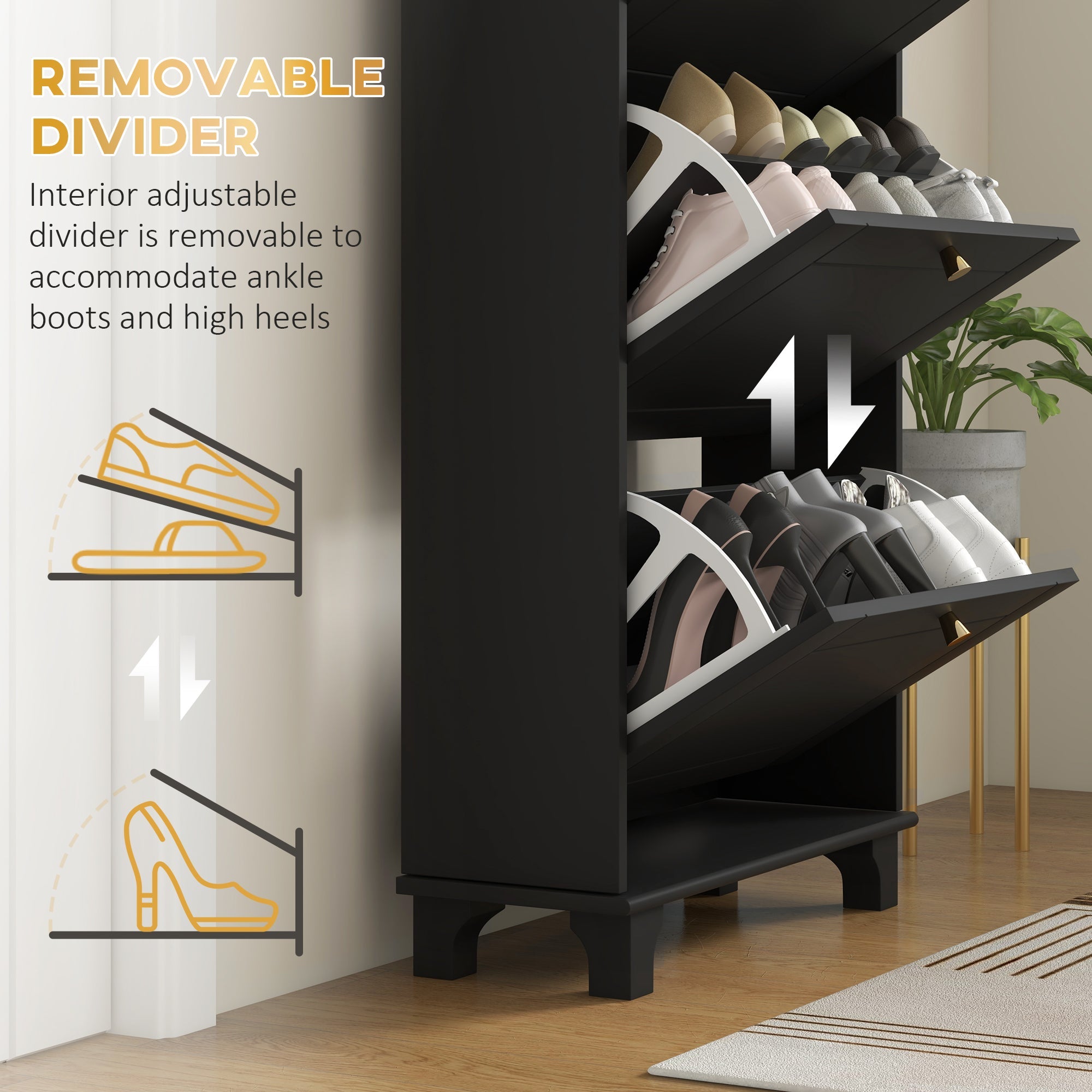 HOMCOM Narrow Shoe Storage 3 Flip Drawers Adjustable Shelves Shoe Organizer 12 Pairs Black Space Saving 