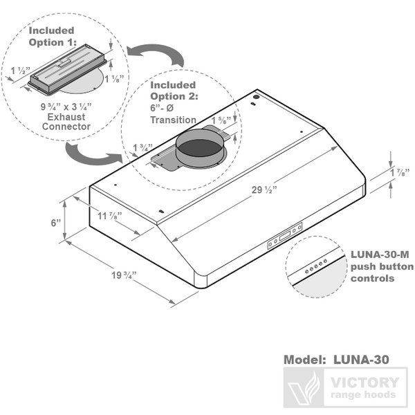 30 Inch 600 CFM Under Cabinet Range Hood - VICTORY Luna 