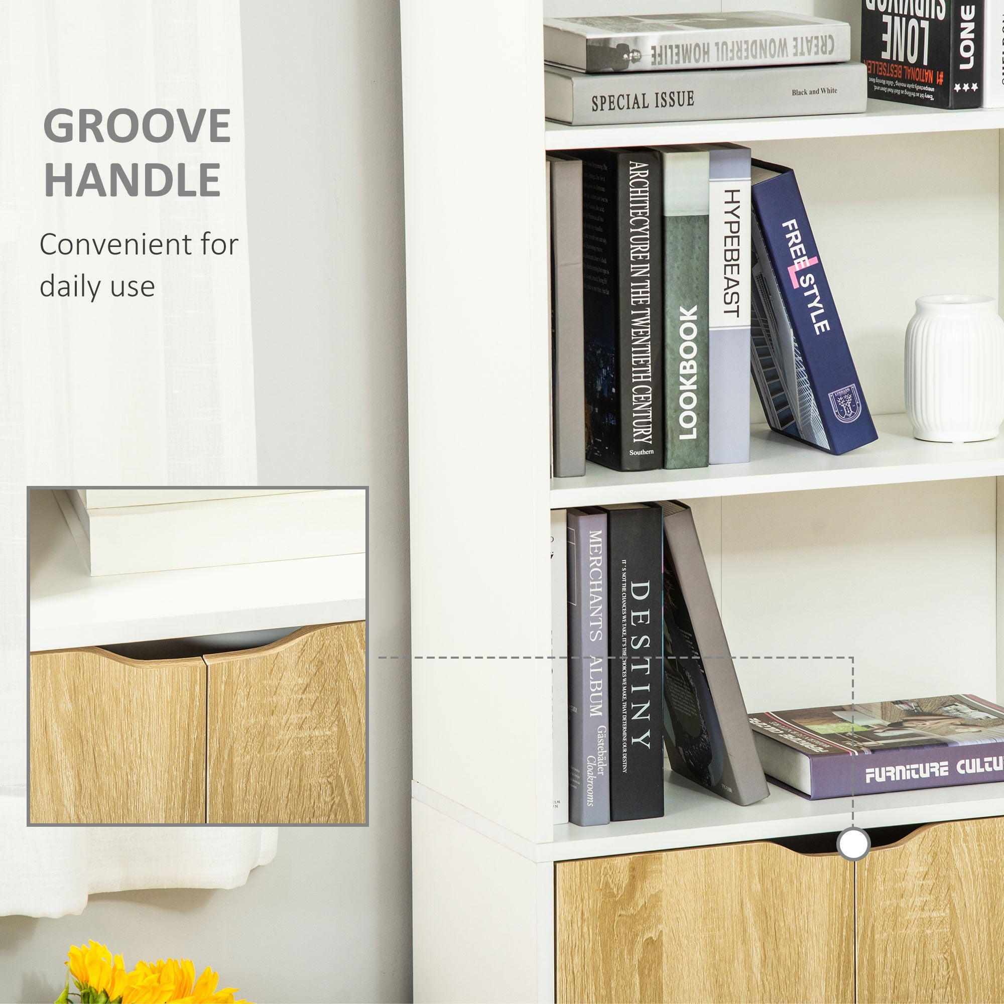 HOMCOM 4-Tier Bookcase: Oak Finish Storage Cabinet with Doors for Home Office/Living Room 