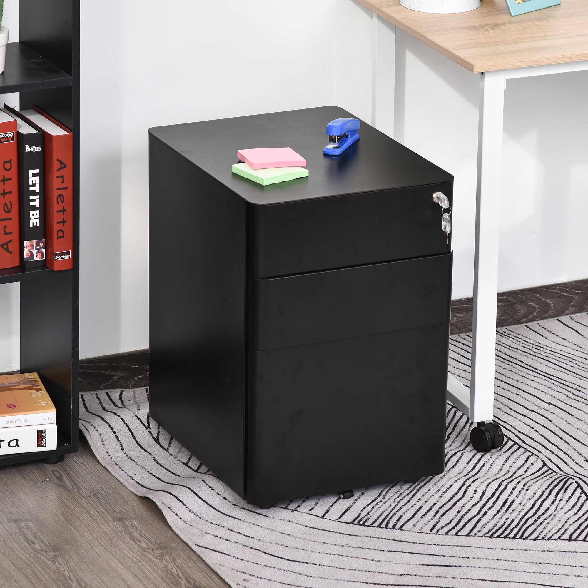 Vinsetto Compact File Vault: 3 Lockable Drawers & Smooth-Rolling Mobility for Secure Home Office Organization, Black 