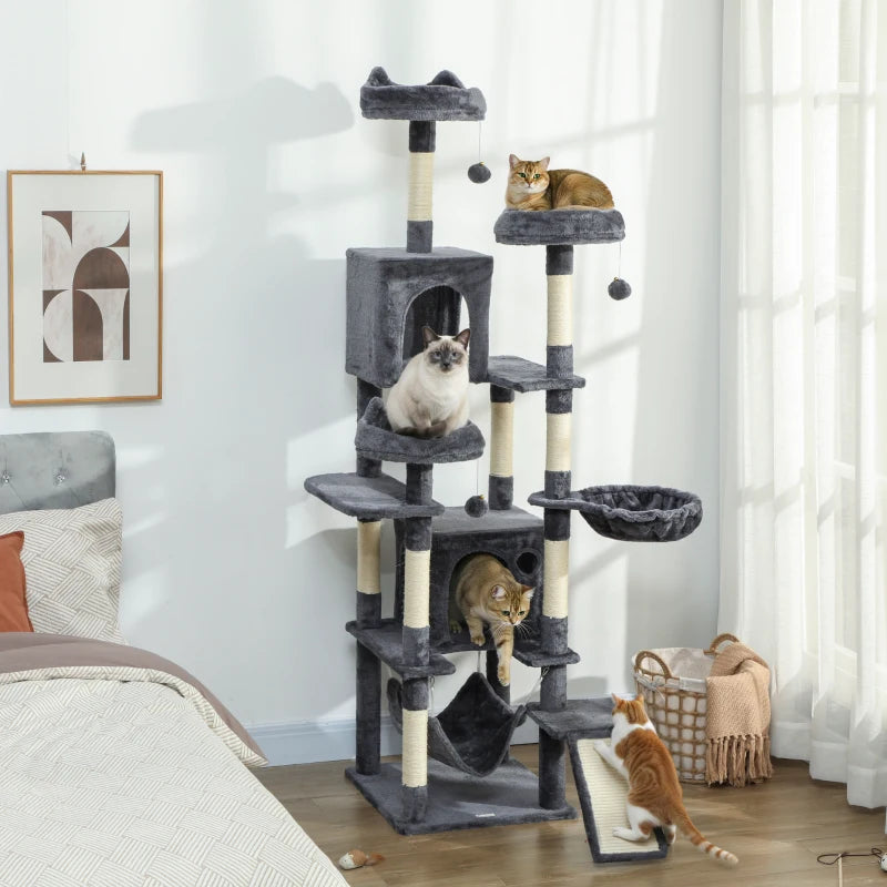 76" Large Cat Tree for Indoor Cats with 8 Scratching Posts, 3 Plush Beds, 2 Hammocks, 2 Large Condos, Ramp, Dark Grey
