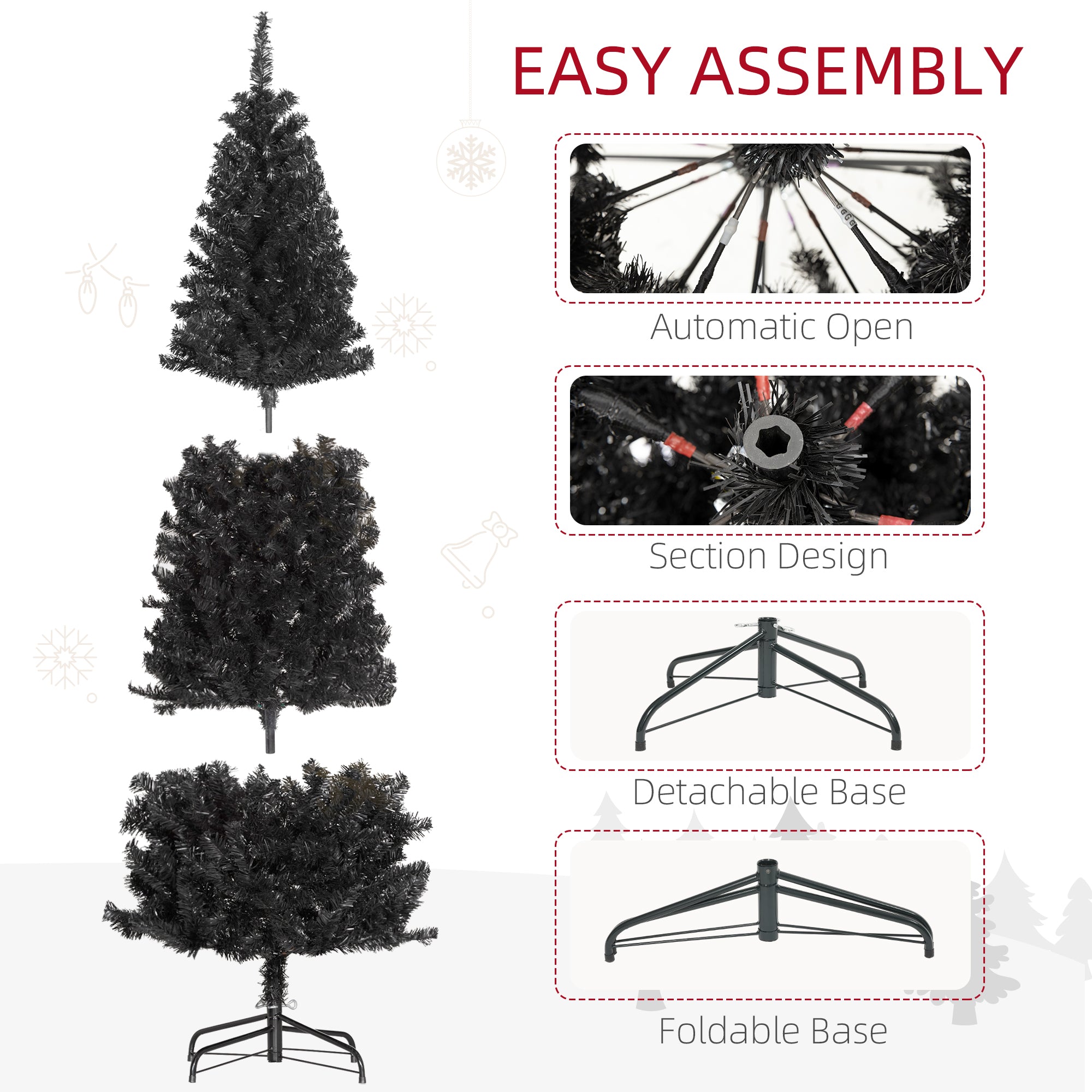 HOMCOM 7FT Pencil Christmas Tree, Artificial Christmas Tree with Automatic Open for Home Party, Black 