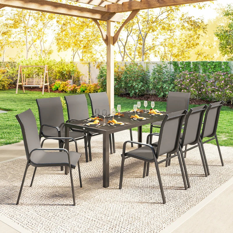 9 Pieces Patio Set with Stackable Chairs, Patio Dining Set with Glass Top for Garden, Patio, Backyard, Dark Grey