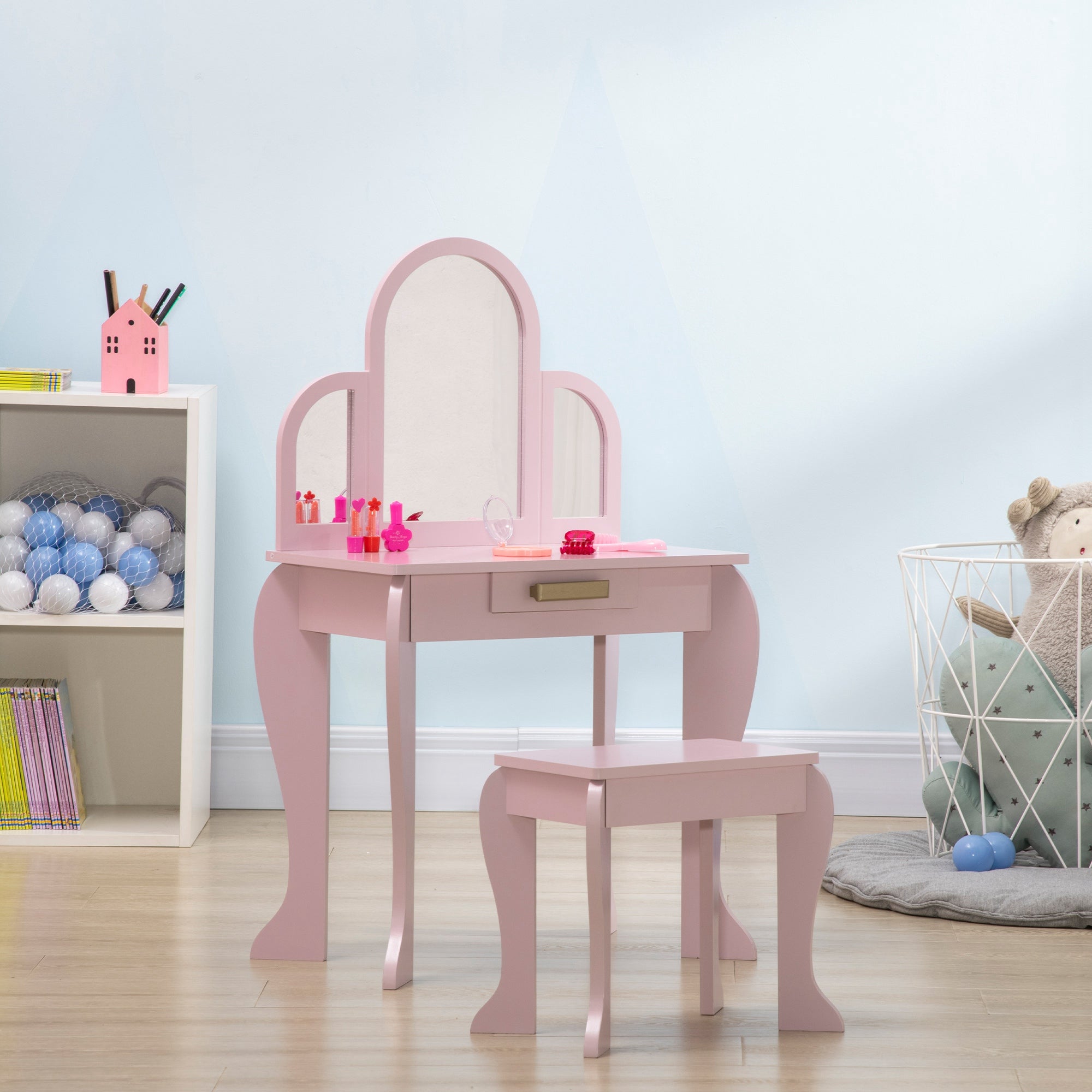 Qaba Kids Dressing Vanity: Makeup Table with Drawer, Chair for Ages 3-6, Pink 