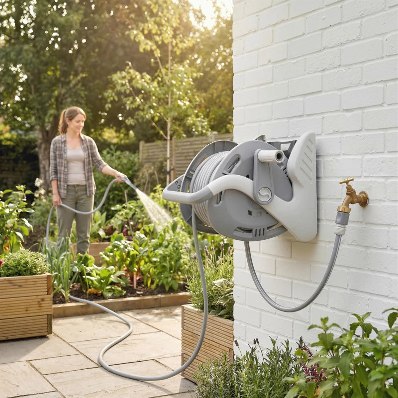 Portable Garden Hose Reel, 1/2" x 66ft Wall Mounted Hose Reel with 2 Patterns Spray Nozzle and Crank Handle, Grey