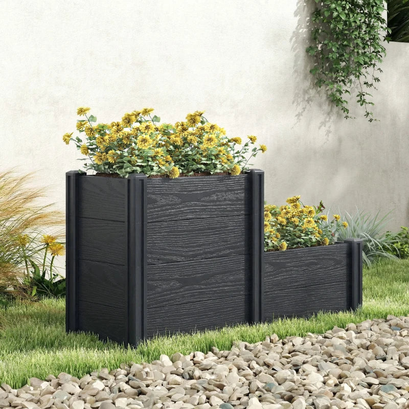 Vinyl Raised Garden Bed Kit, 3-Tier Elevated Garden Box with Open Bottom, DIY Assembly, Grey Wood Effect