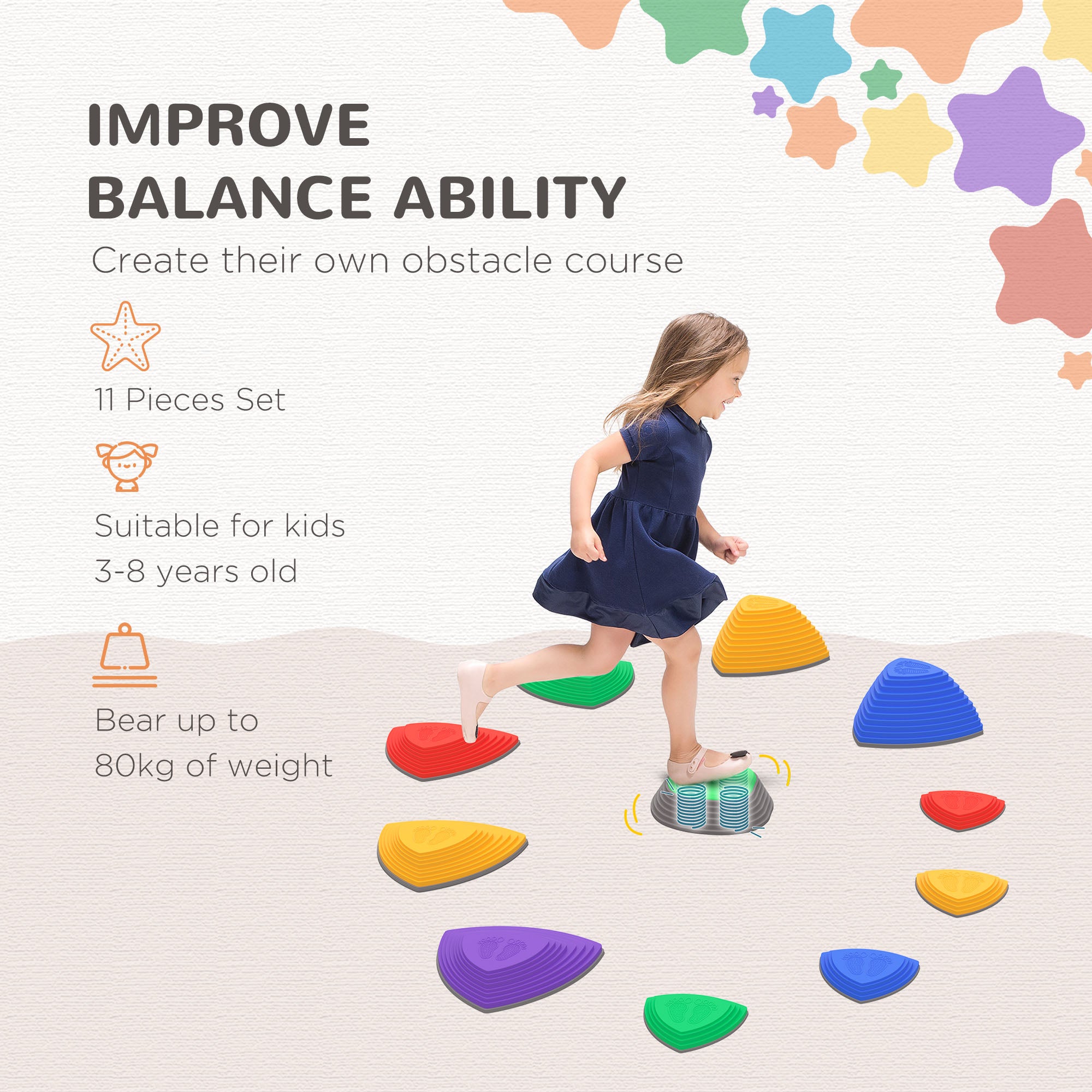 Outsunny Kids Balance Stepping Stones 11 pcs Set, Fun Indoor Outdoor Play Equipment for Obstacle Courses 