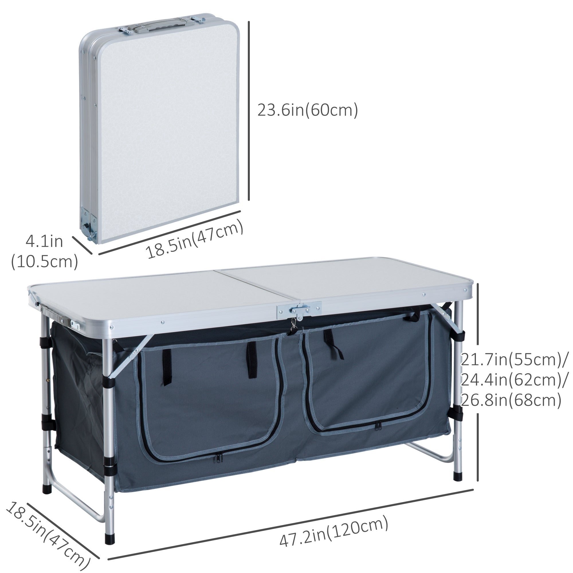 Outsunny Portable Folding Picnic Table Aluminum Adjustable Height with Storage Organizer for BBQ Camping Outdoor 