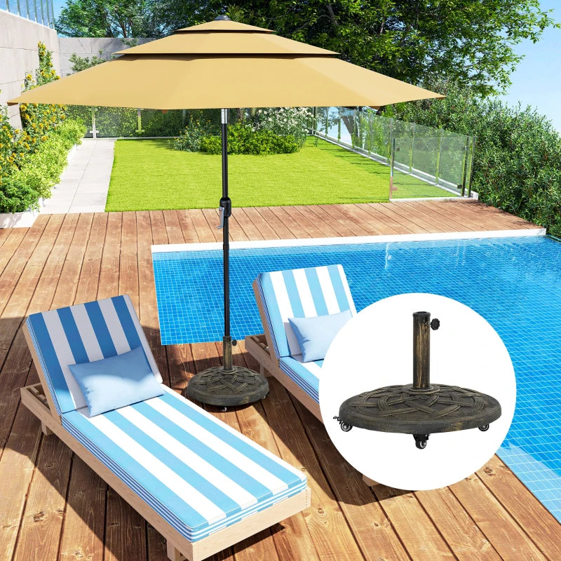 Round Patio Umbrella Base with Wheels, 44 lbs Resin Umbrella Stand Base, 1.3"/1.5"/1.9" Umbrella Poles Bronze