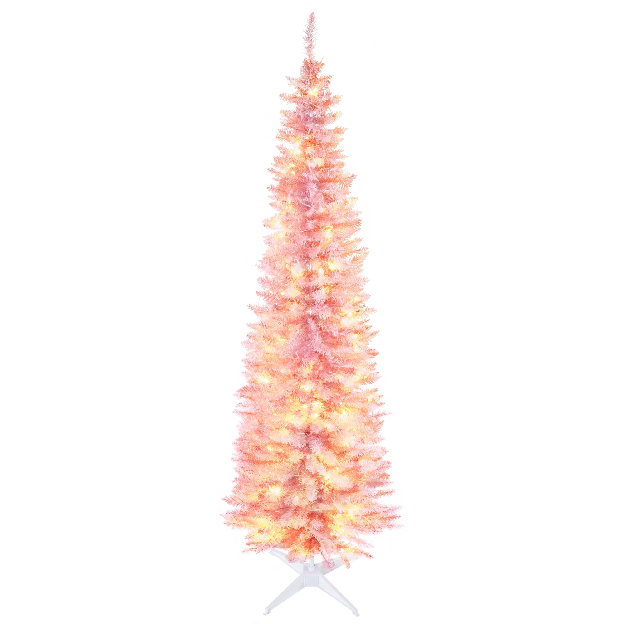HOMCOM 7' Pre Lit Artificial Pencil Christmas Trees, Xmas Tree with Realistic Branches and Warm White LED Lights, Pink 