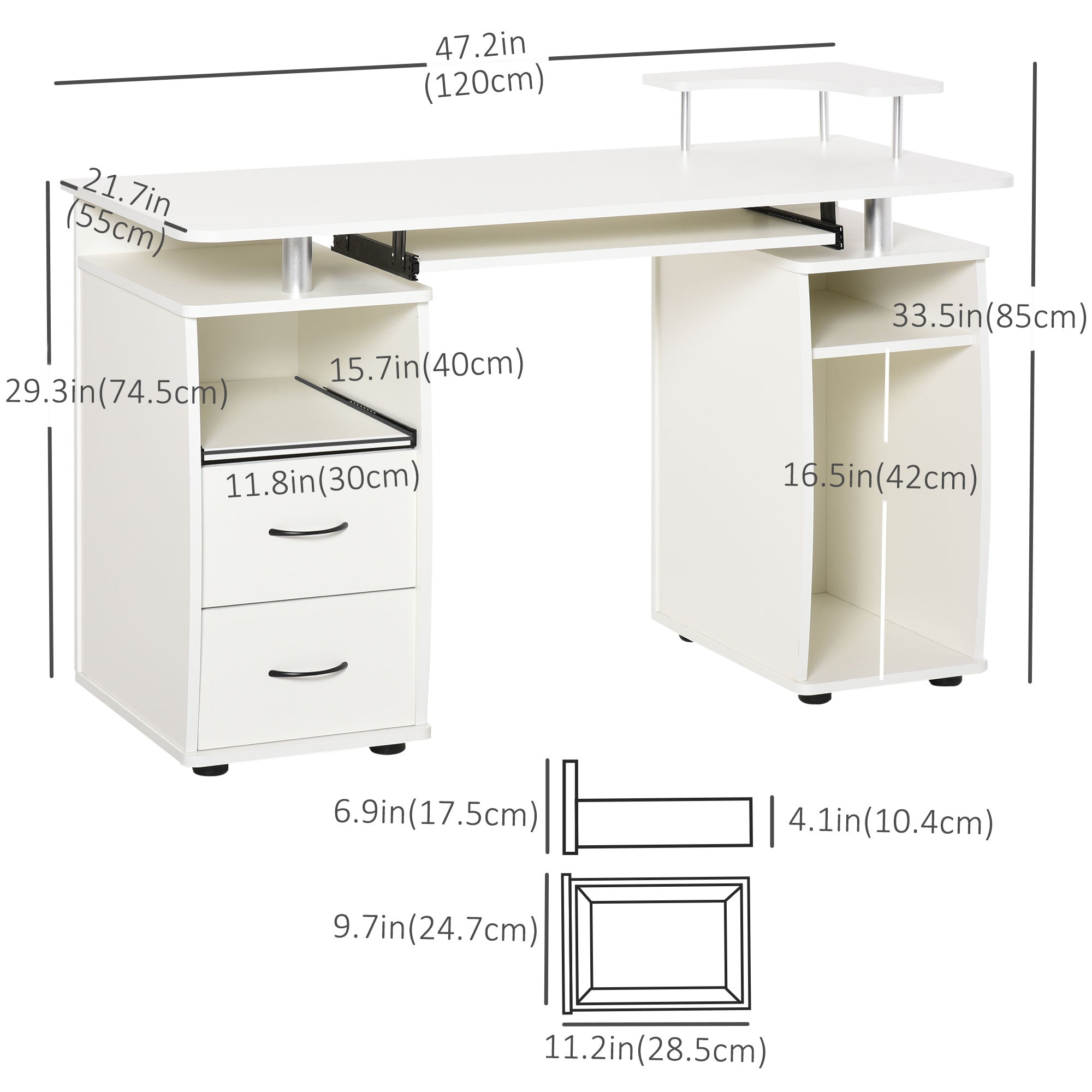 HOMCOM Computer Desk with Keyboard Tray CPU Stand Writing Workstation Home Office White 