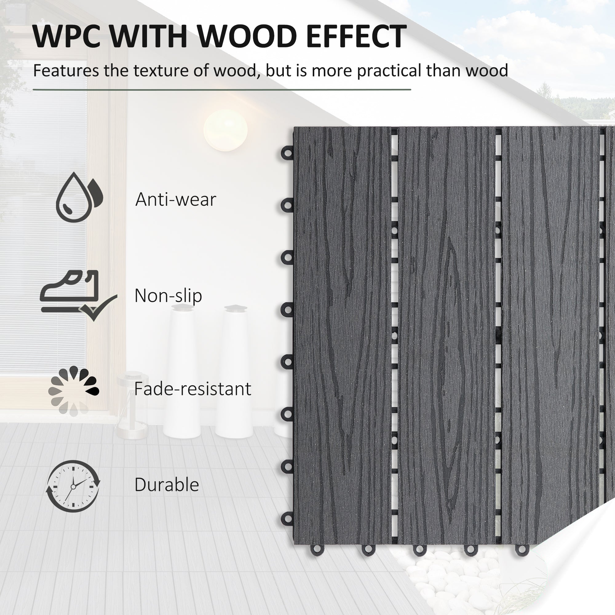 Outsunny 12" x 12" HDPE Interlocking Composite Deck Tile 11 Pack for the Patio or Porch for a New Classic Look, Grey 