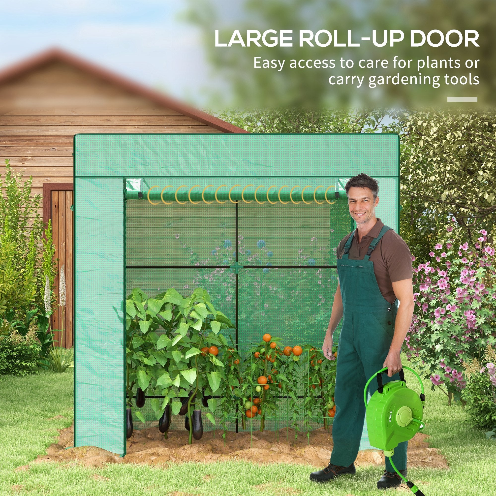 Outsunny Garden Greenhouse Enclave: Walk-In Lean-To with Reinforced PE Cover, Roll-Up Entry Mesh Vents Green 