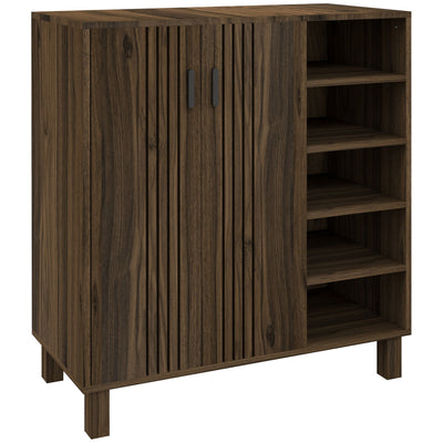 HOMCOM Entryway Elegance: Shoe Organizer with Double Doors, Open Shelves for 17 Pairs, Walnut Finish 