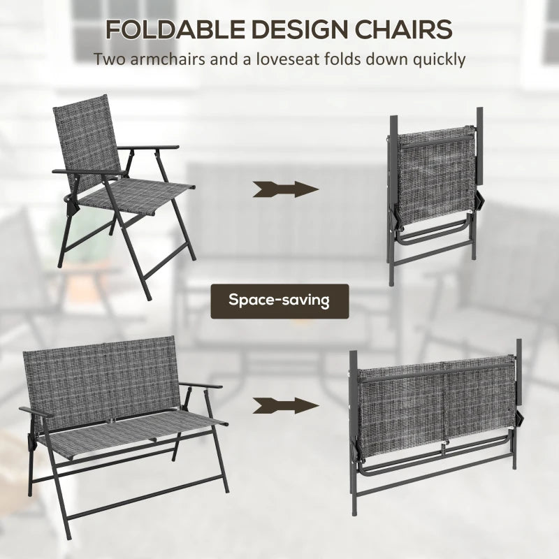Outdoor 4 Pieces Patio Furniture Set, Garden Set with Two Foldable Armchairs, a Loveseat & Glass Top Table, Mixed Grey