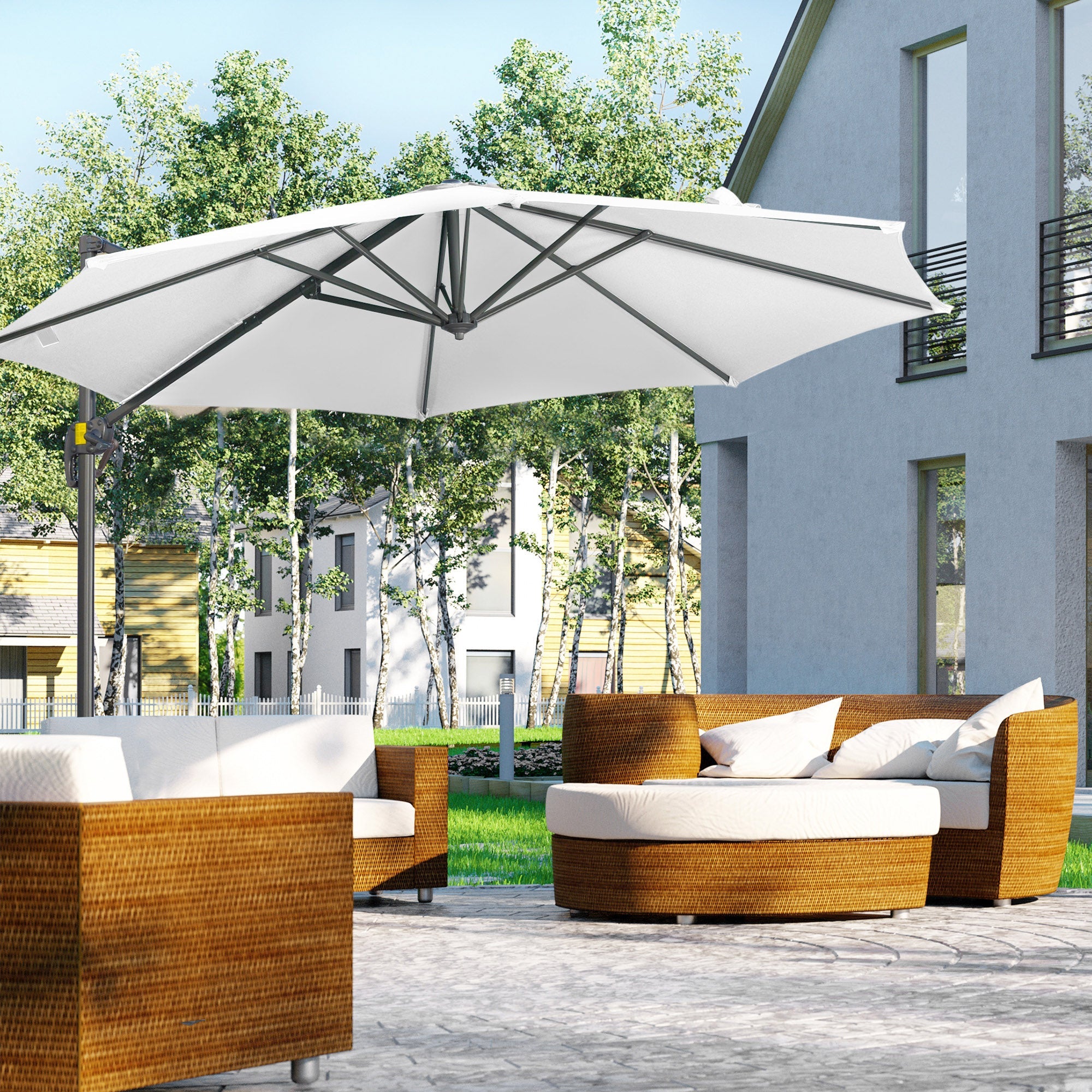 Outsunny Offset Patio Umbrella: 10ft Cantilever Sun Shade Cross Base 361° Rotation White Poles 