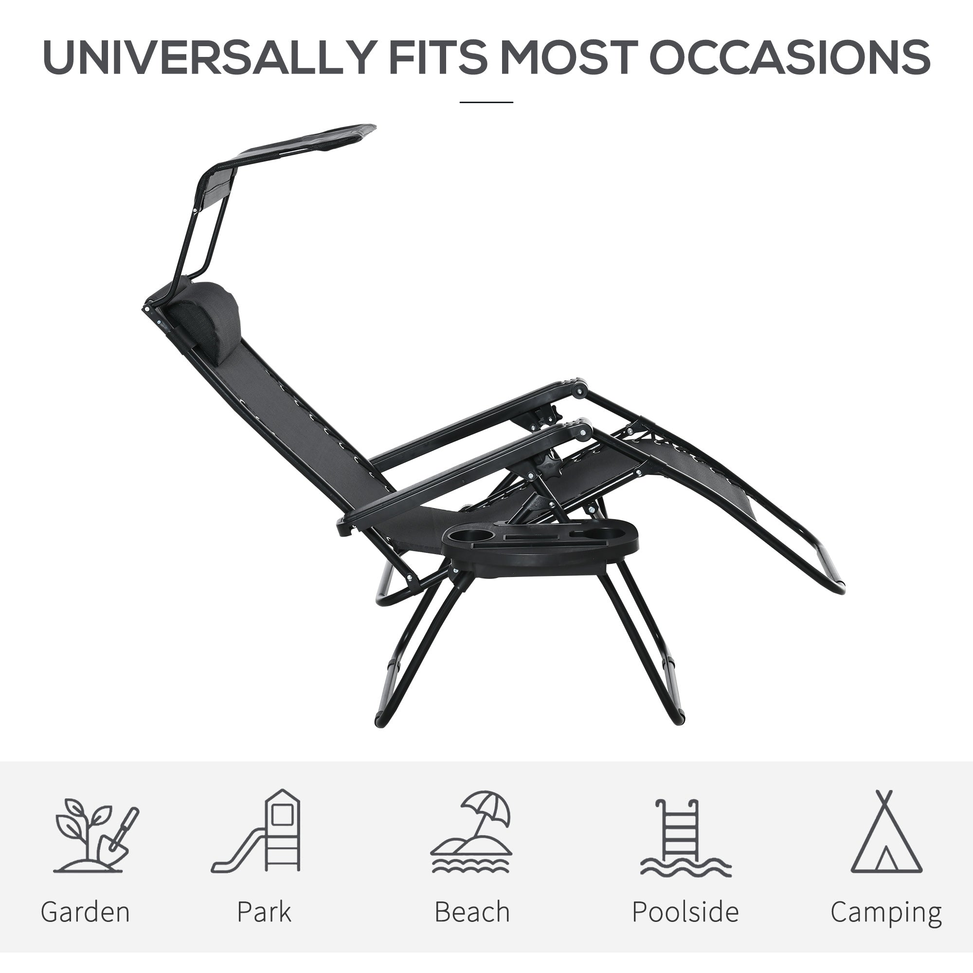 Outsunny Zero Gravity Chair 2pc Adjustable Patio Lounge Recliner with Cup Holder Canopy Shade Black 