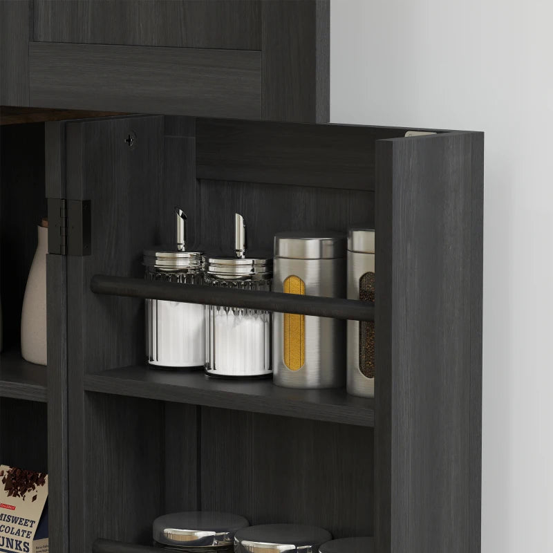 64" Tall Kitchen Pantry Cabinet with Spice Racks and Adjustable Shelves, Black Wood Grain