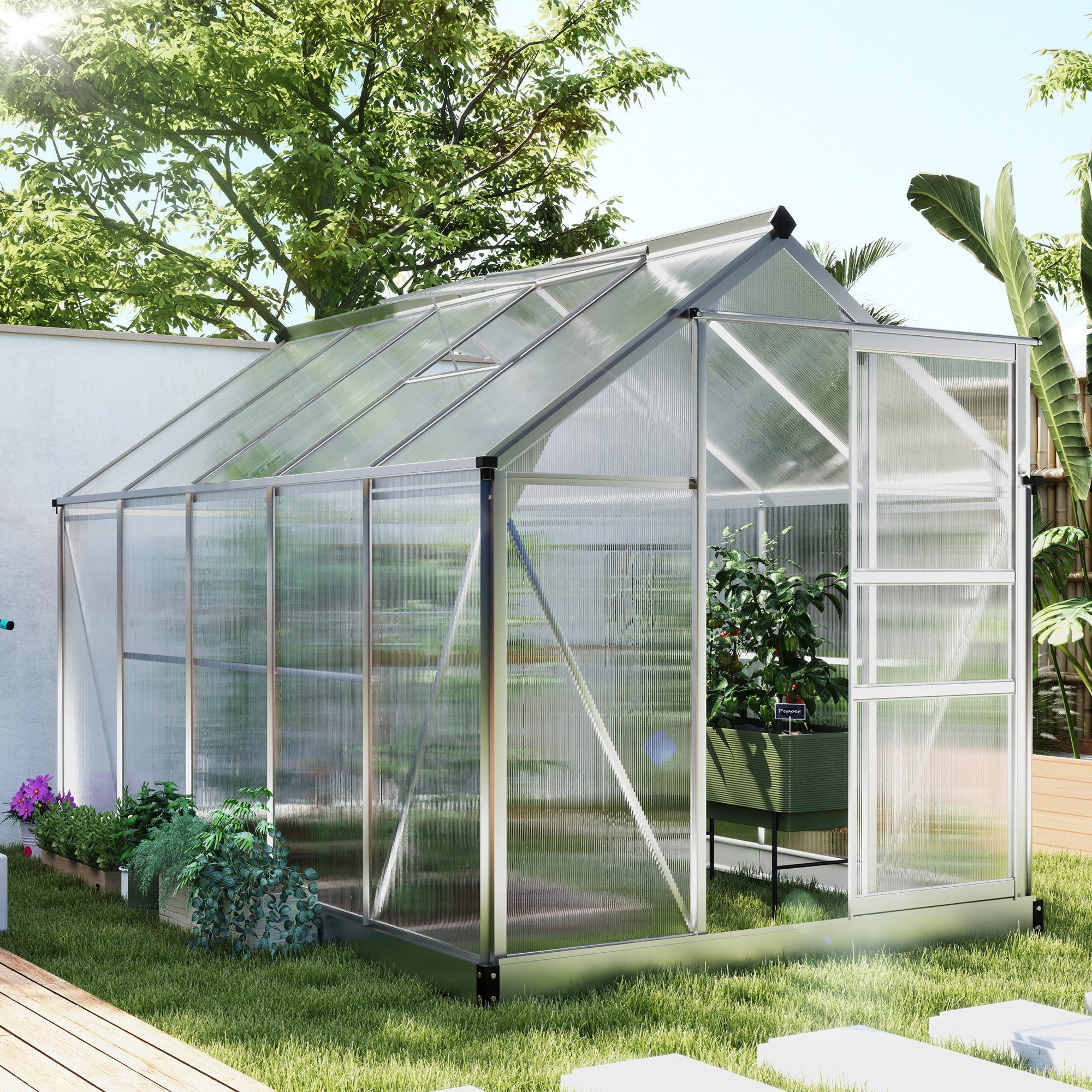 Outsunny 6' x 10' x 6.6' Polycarbonate Greenhouse, Walk-In Green House Kit Garden, Plants Grow, Galvanized Sheet Aluminum Frame with Rain Gutter, Vents and Sliding Door, Sliver 