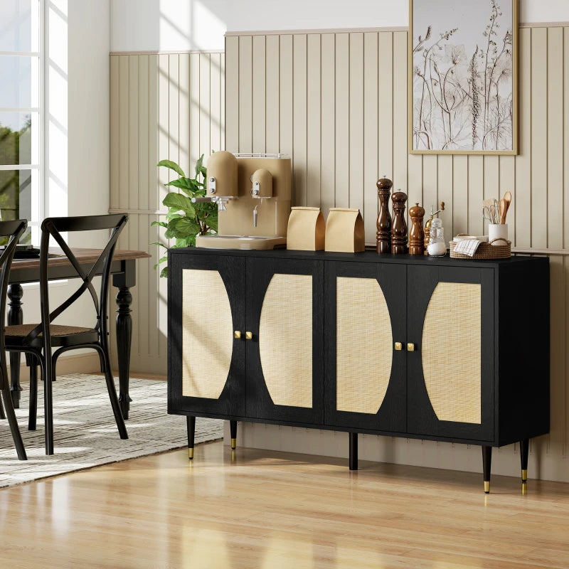 55" Sideboard Buffet Cabinet, Boho Storage Cabinet with Adjustable Shelves, Soft Close Doors and Rattan Front, Black