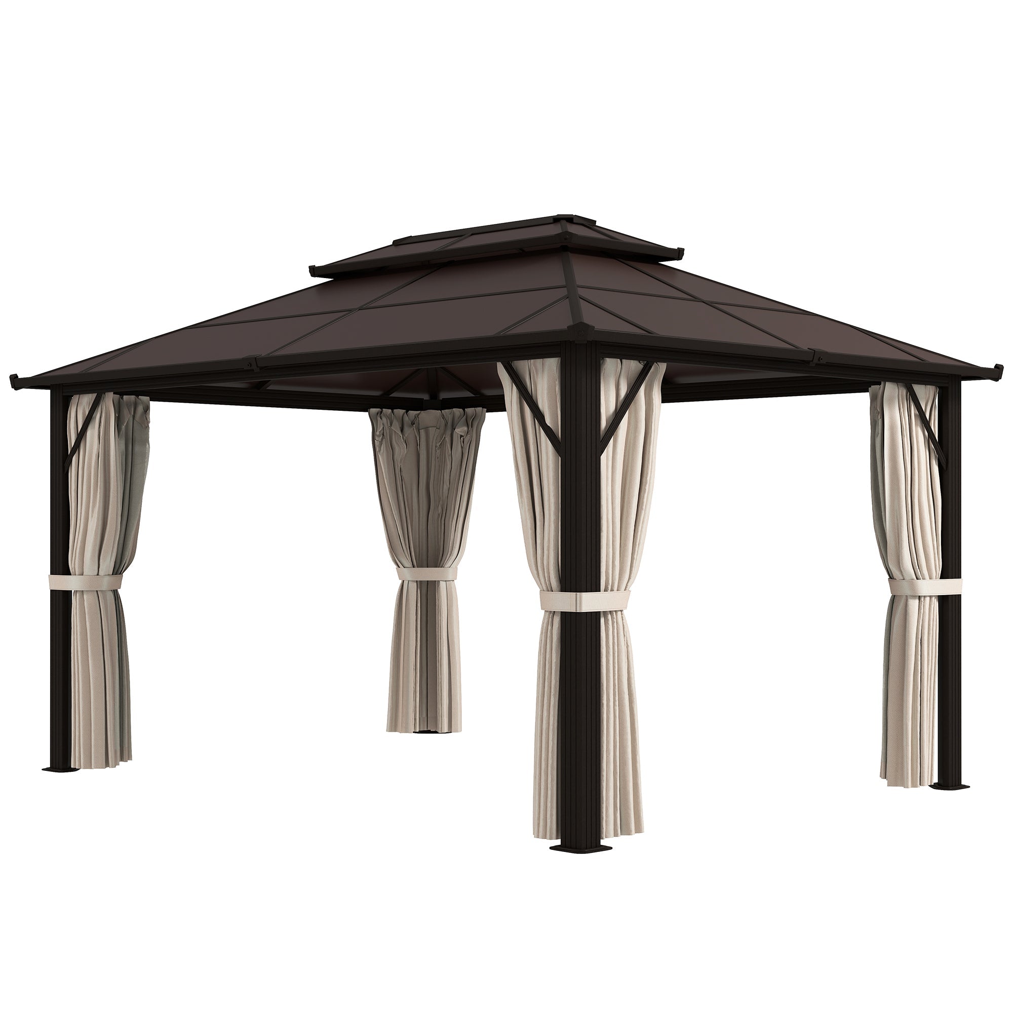 Outsunny 10' x 13' Hardtop Gazebo Canopy with UPF30+ Double Polycarbonate Roof, Aluminum Frame, Netting and Curtains, Beige 