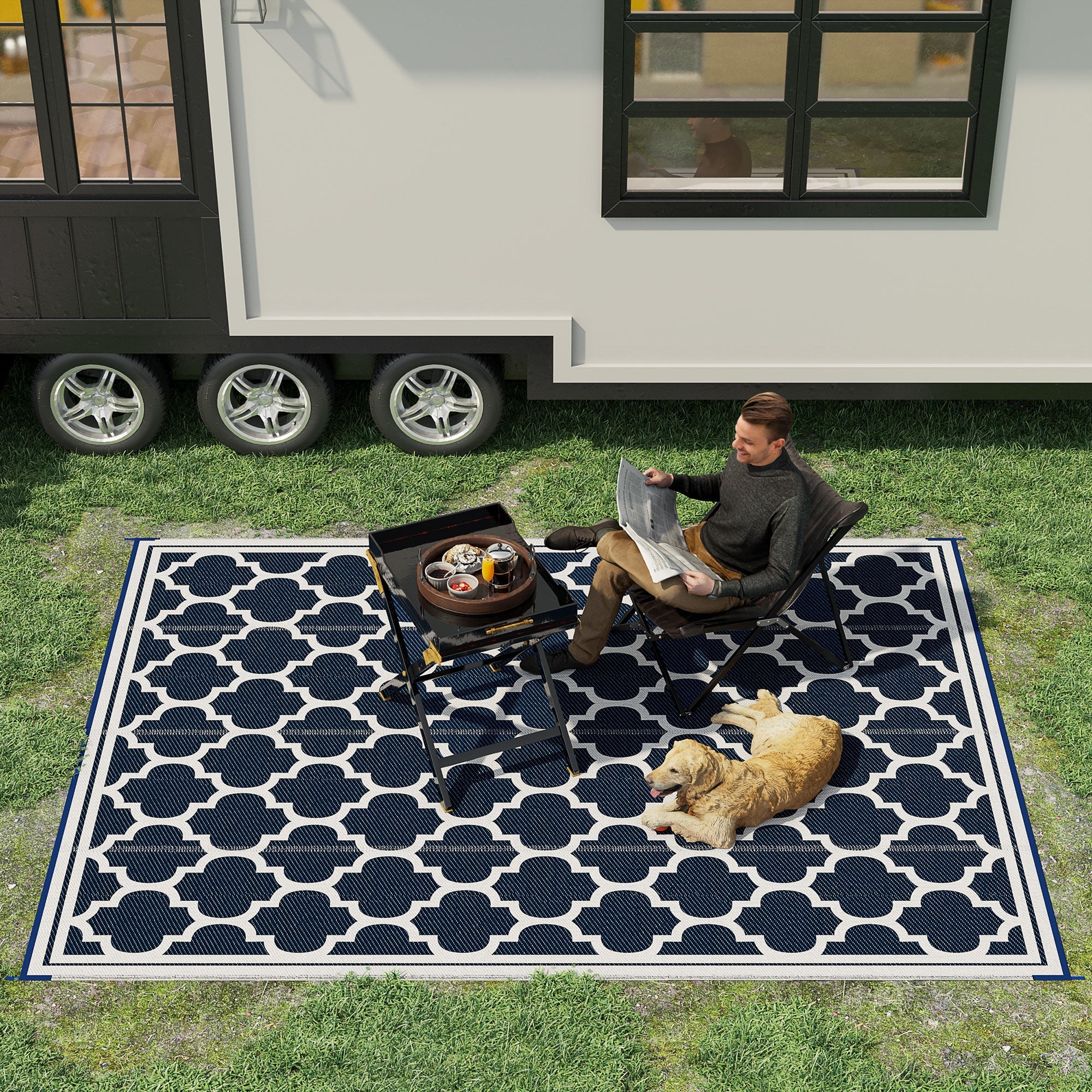Outsunny 9'x12' Reversible RV Outdoor Rug in Dark Blue - High-Quality Patio Floor Mat for Camping, Beach & Deck 