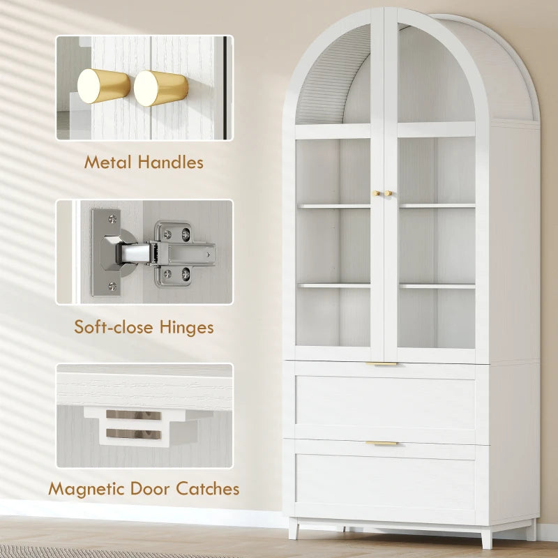 🏡 Arched Glass Door Pantry Cabinet – Modern Farmhouse Storage (White)