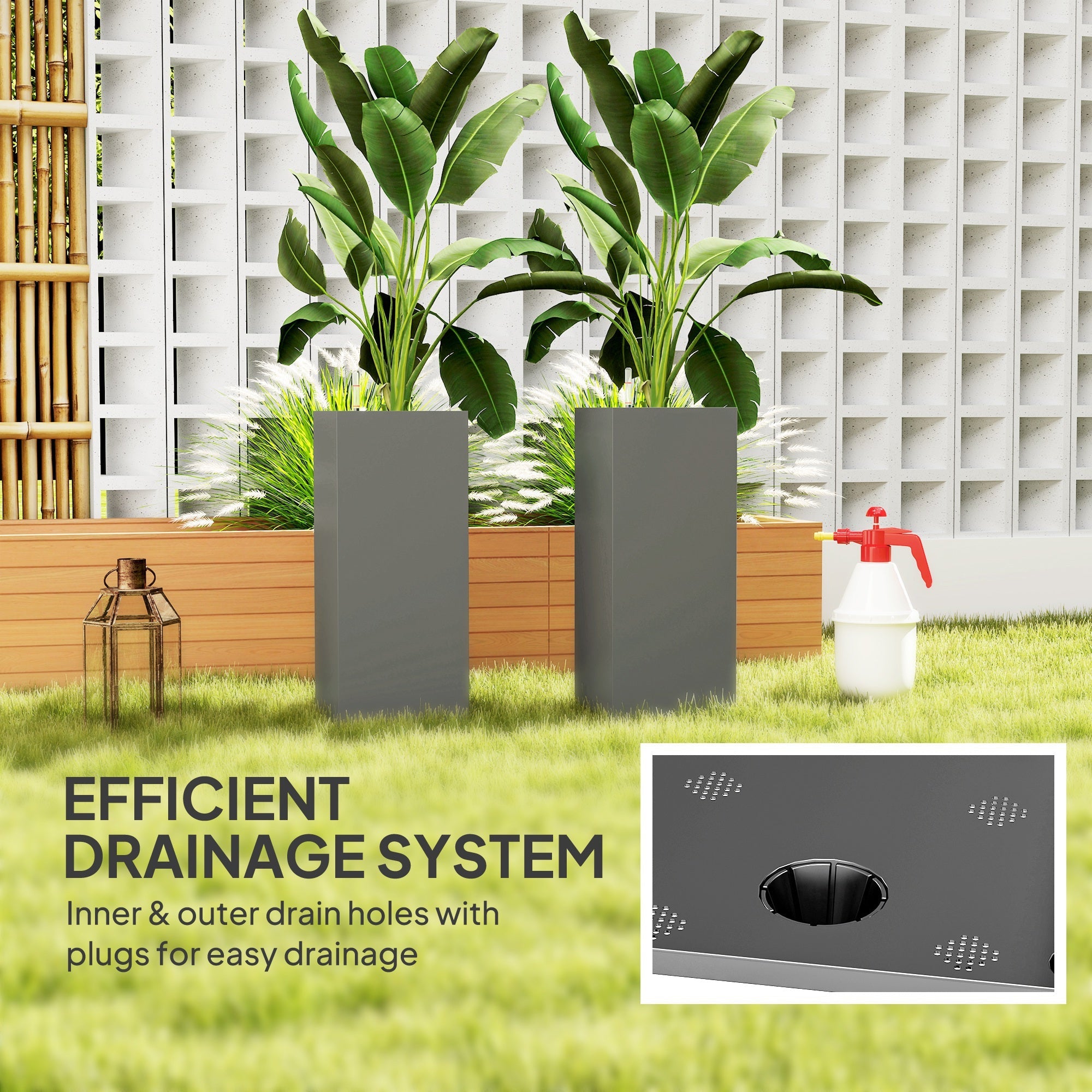 Outsunny 2 Pack Planter Box, 11 Inch Plastic Flower Pots with Water Level Indicator, Drainage Hole and Drain Plug, Dark Grey 