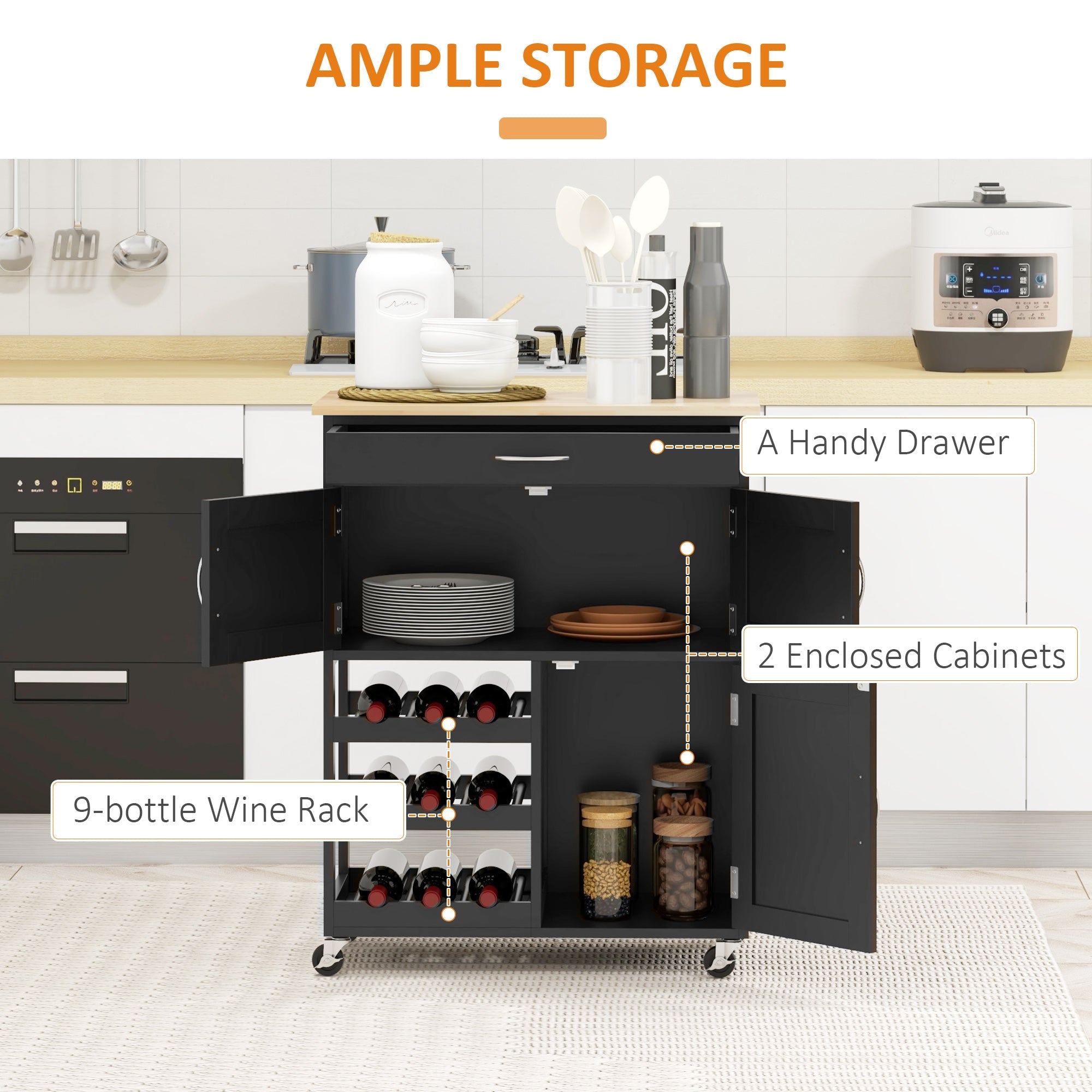 HOMCOM Kitchen Entertainer: Black Rolling Trolley with Storage Drawer, 9-Bottle Wine Rack Cabinet, Wooden Top 