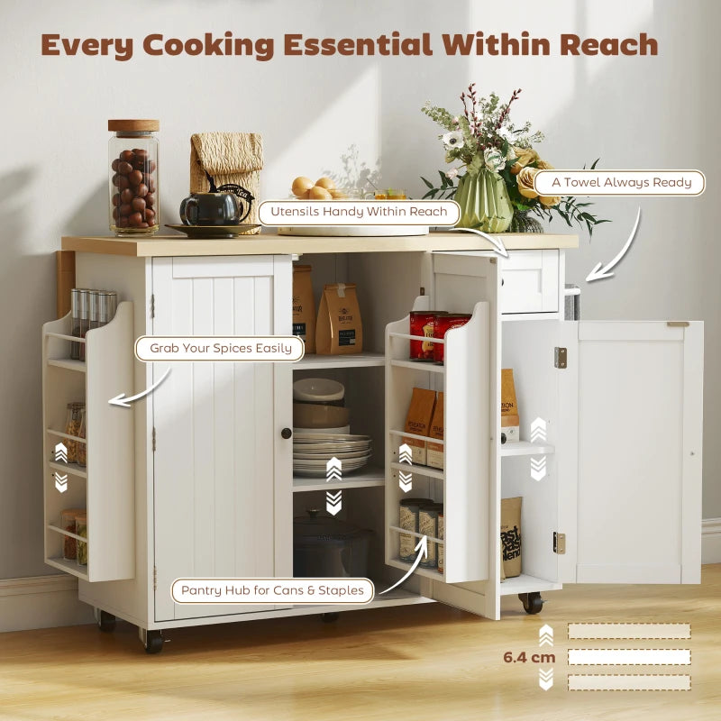 Kitchen Island Cart, Rolling Kitchen Island Table with Drop Leaf, Drawer, Spice and Towel Rack, White
