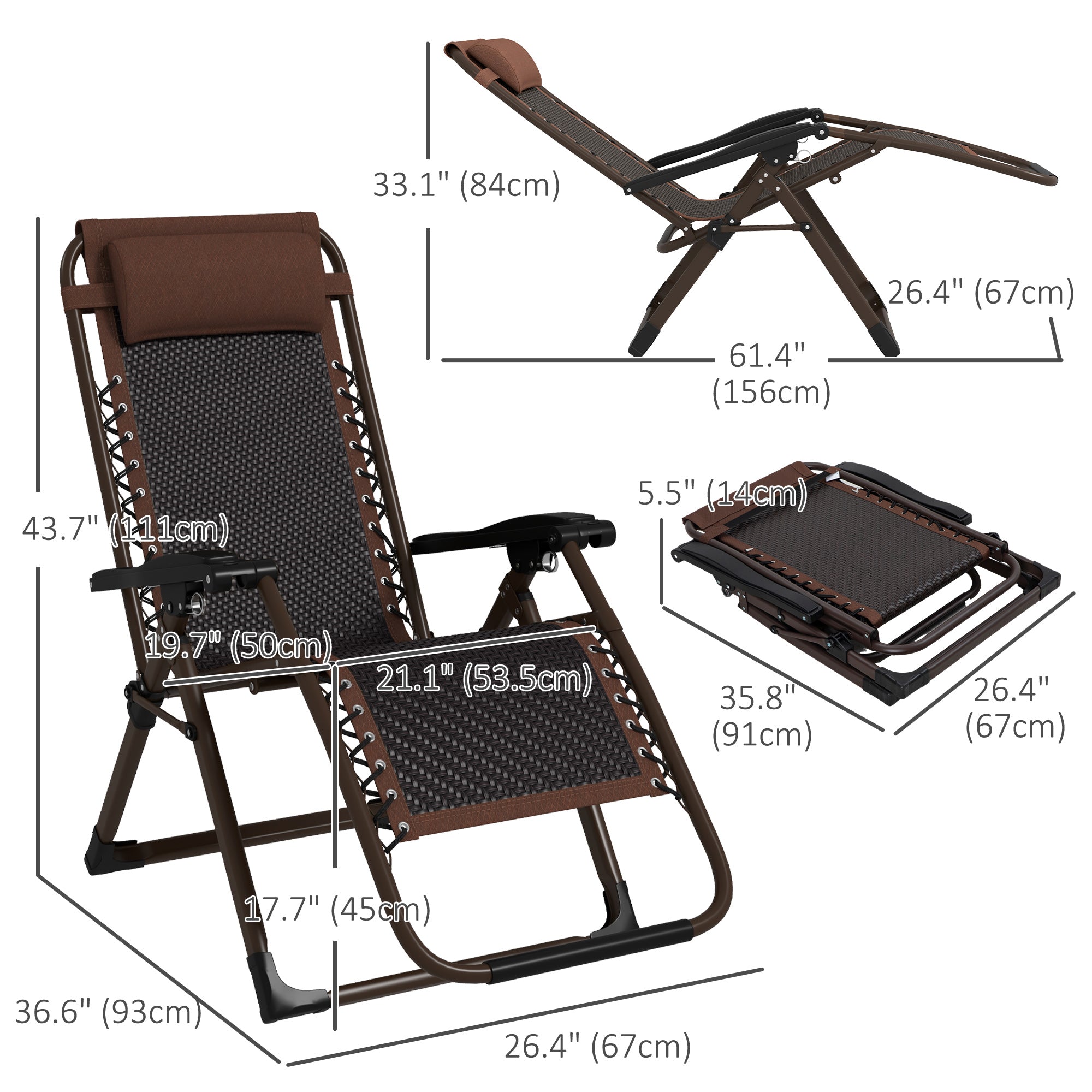 Outsunny Outdoor Zero Gravity Reclining Chair Folding PE Rattan Patio Lounge with Back Headrest Footrest Brown 